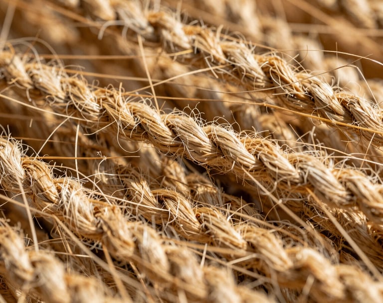 Extreme macro photograph of raw golden jute fibers under high-contrast side-lit natural sunlight, showcasing the rough three-dimensional texture of the weave.