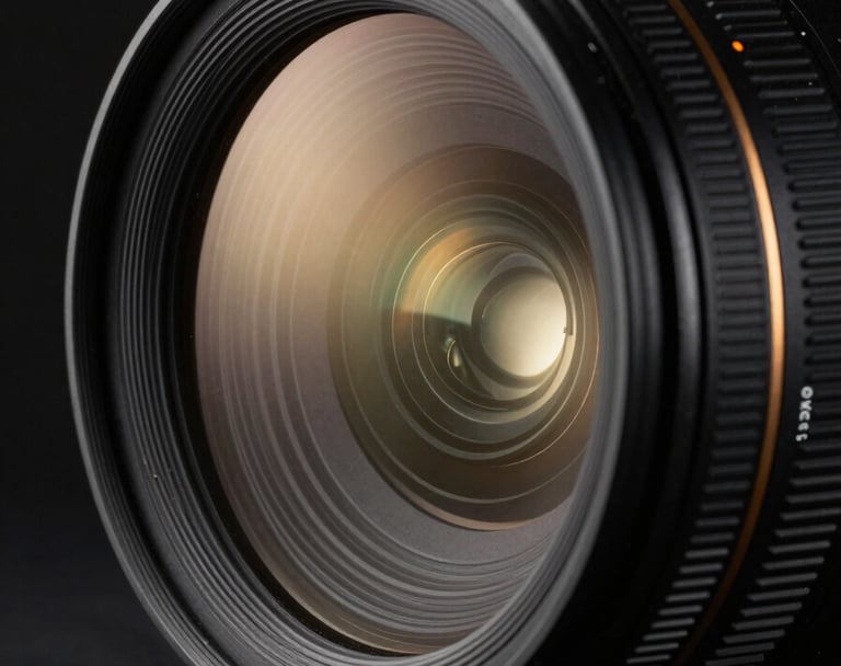 Macro shot of a high-end professional camera lens reflecting a soft gold light, black background, premium product photography style.