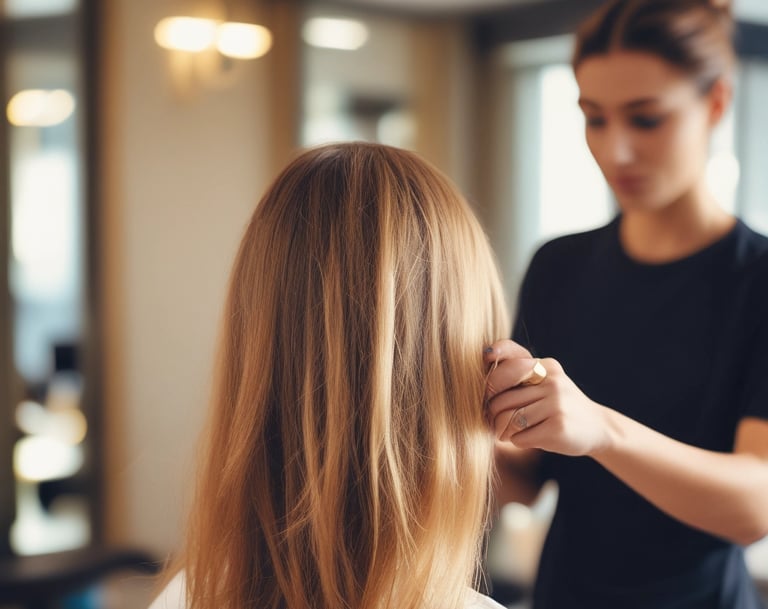 A barbershop or salon setting with black leather chairs and mirrors. The interior features a modern design with sleek lines and minimalist décor, including glass shelves and dark wooden cabinets. The room appears tidy and well-organized, creating a professional and upscale atmosphere.