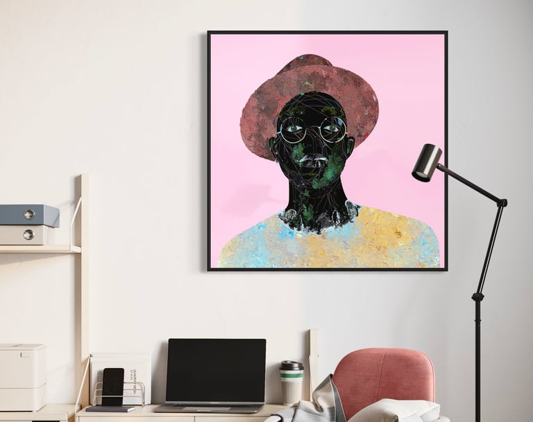 Black art print featuring abstract patterns in bold colors