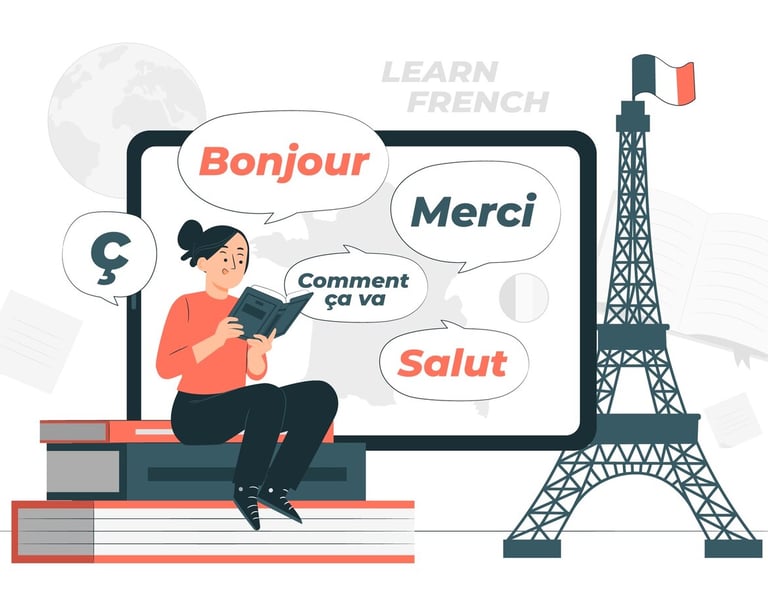 Girl sitting on books with french words floating around her