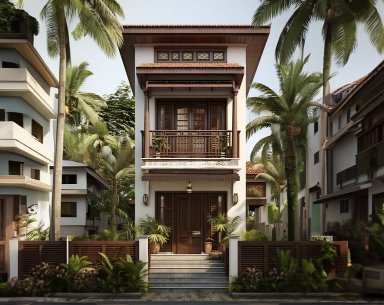 a house with a large balcony and a staircase leading to the front door
