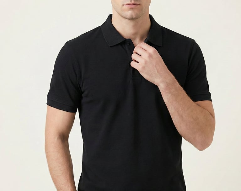 a man in a black polo t-shirt and blue pants