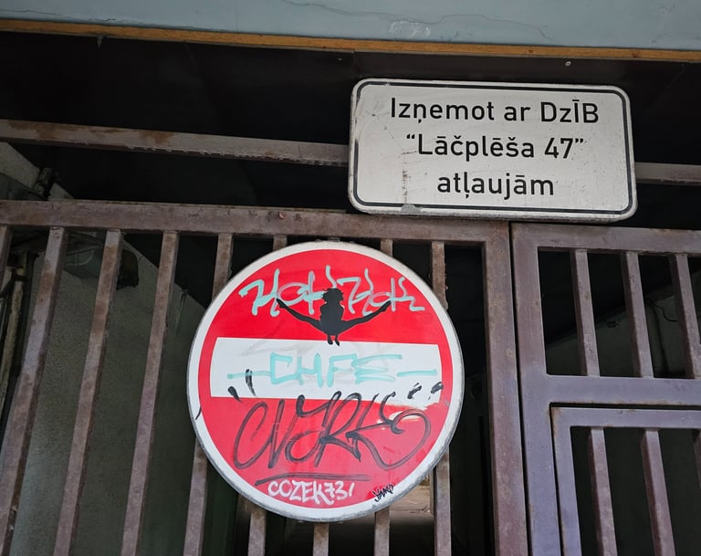 a clock with graffiti on it and a sign that says,