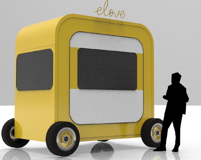 Bapsule : Sleek metal food pop-up shop with serving station.