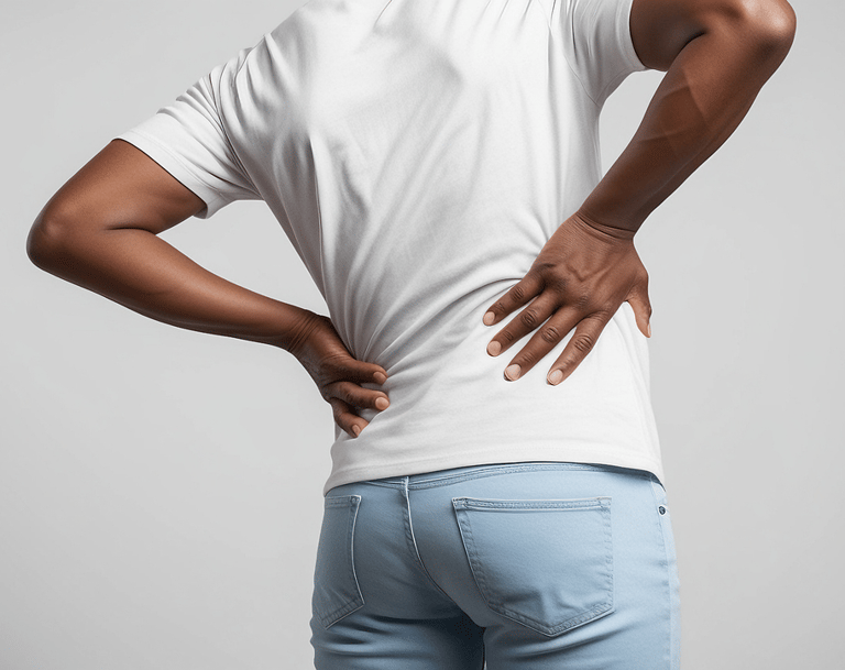 Person holding lower back and leaning to one side, indicating low back pain.