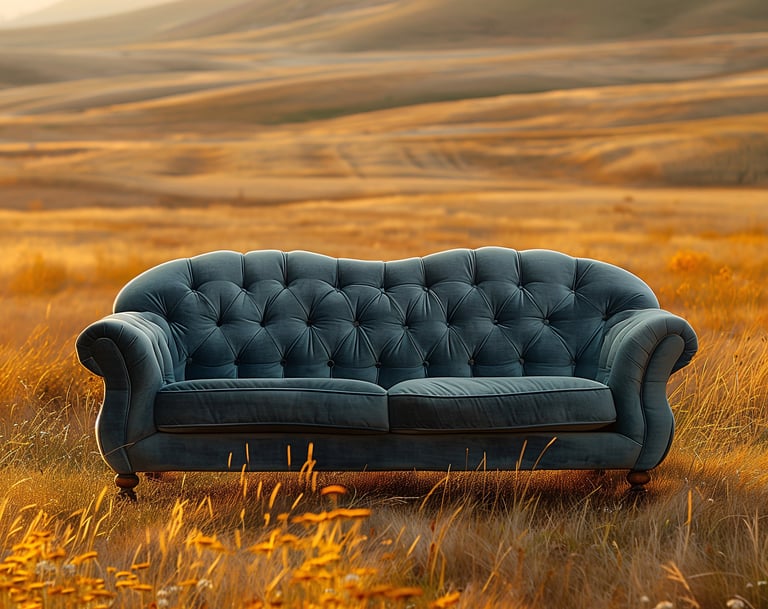 a blue therapy couch in a orange grass field