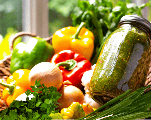 a jar of puerto rican sofrito with vegetables and herbs