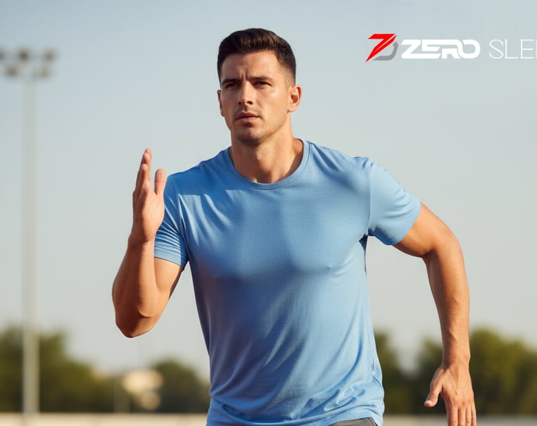 a man running on a track with a blue t-shirt