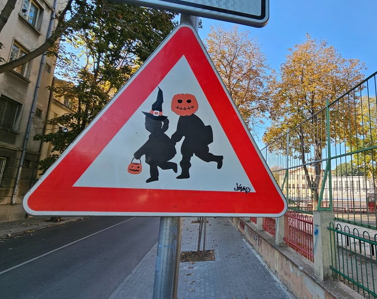 a street sign with a cartoon character on it