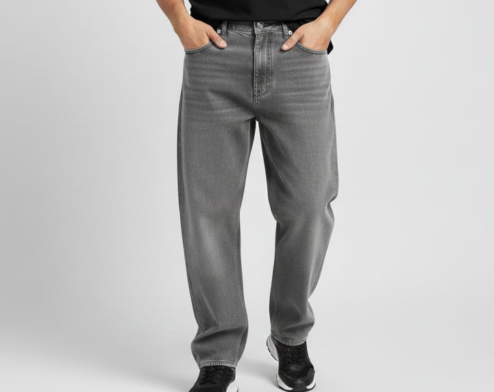 a man in a black shirt and jeans standing in front of a white wall