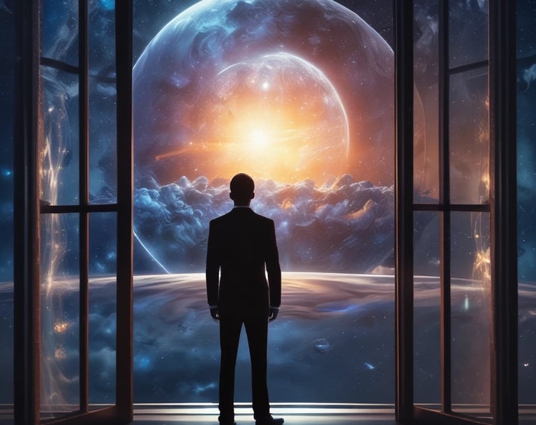 a man in a suit and tie standing in front of a window with the words