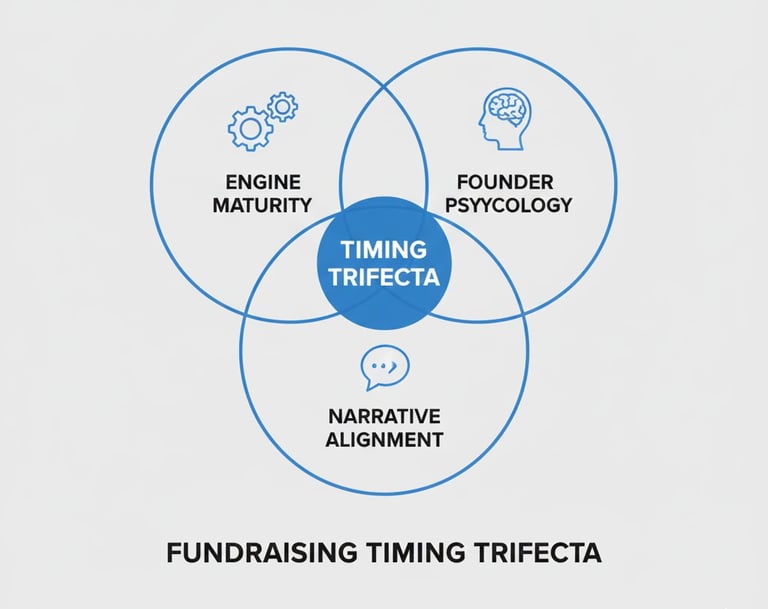 Diagram illustrating how investors interpret fundraising timing through engine clarity, founder psyc