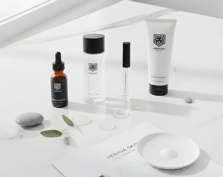 YESHUA Skin skincare collection including Vitamin C serum and cleanser on a white marble surface.