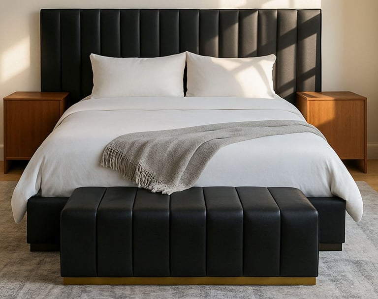 Designer bedroom with a custom wide headboard by Solo Home Decor