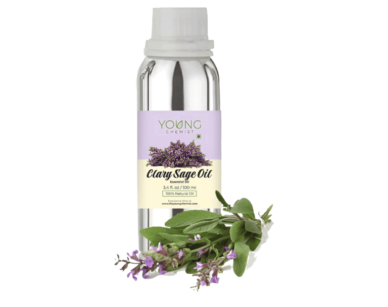 Clary Sage next to clear clary sage essential oil bottle