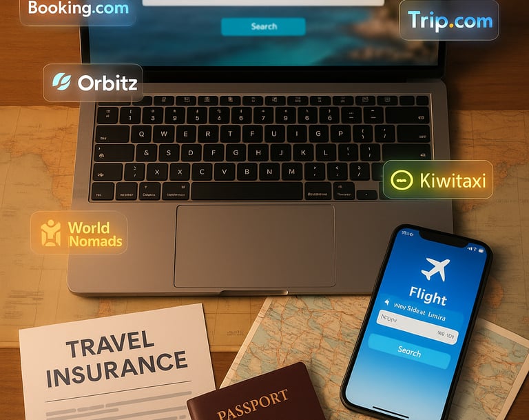 Flat lay of trusted travel resources including a laptop, smartphone with flight apps, passport, world map, and icons of Booki