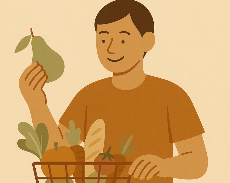 Persona comprando comida saludable en vez de ultraprocesados