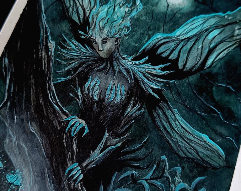 Une peinture à l'encre de chine représentant une fée verte dans un style fantasy