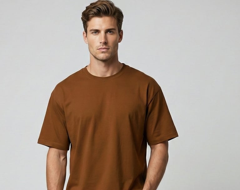 a man in a brown shirt and jeans standing in front of a white wall