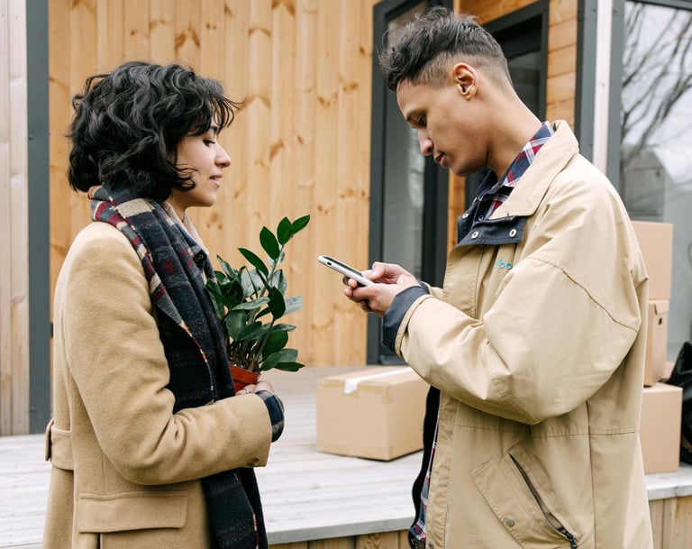 a man and woman standing outside a house using a mobile phone