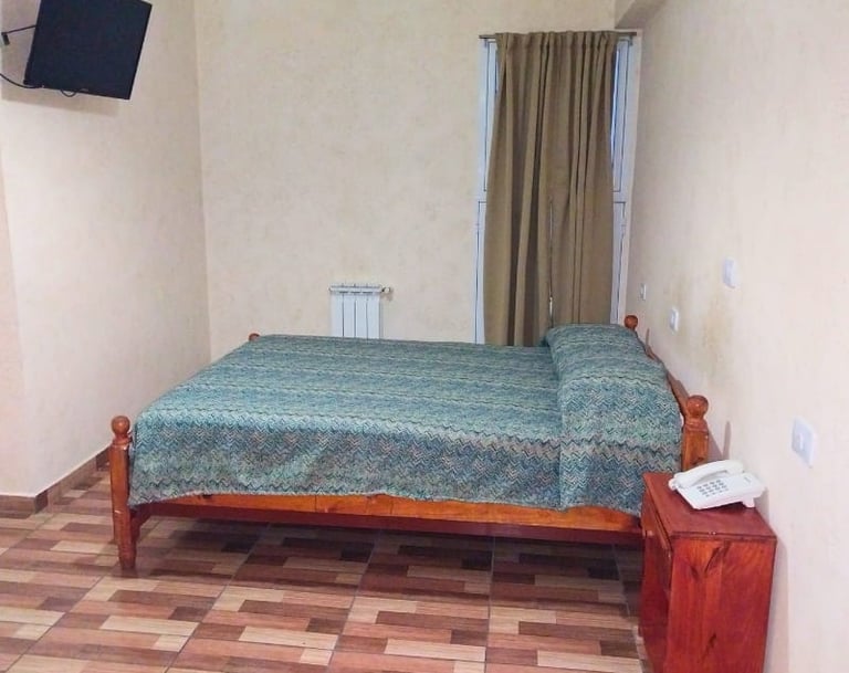 Una habitación con una cama y un televisor