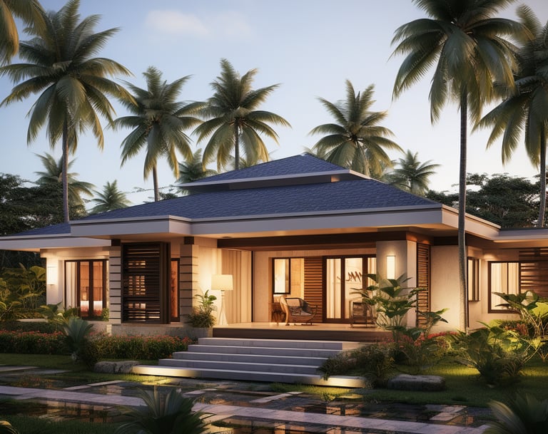 a house with a pool and palm trees