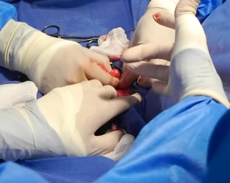 Estudiantes participan en cirugía veterinaria con paciente real bajo anestesia.