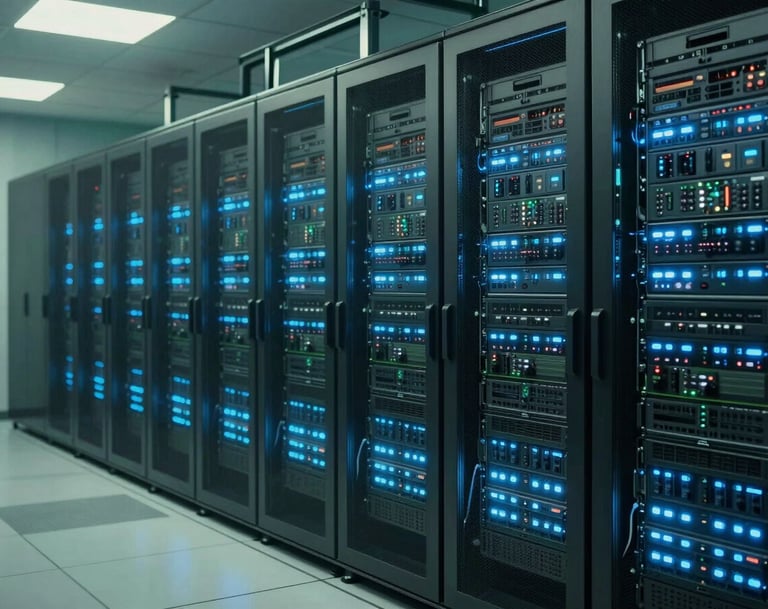 A cinematic wide shot of a modern data center with glowing blue lights, edited with a crisp, professional finish and muted seafoam green highlights.