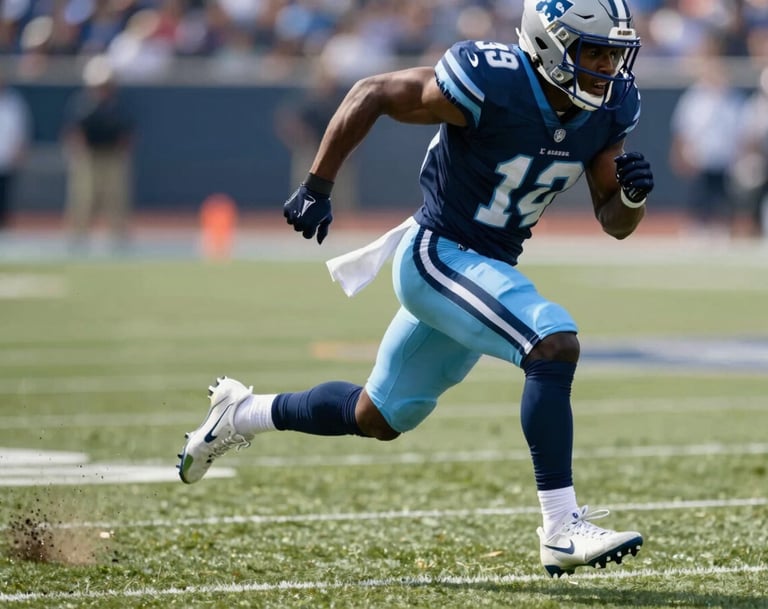 A high-speed capture of a running back sprinting down the sideline, turf flying up from cleats. Cinematic depth of field, focused on speed and form. Colors reflect a professional athletic vibe with #1C2B3A and #ECF2F8 accents.