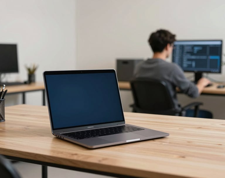 A wide shot of a creative workspace. A laptop sits on a light wood desk in a pale off-white room. In the background, a digital professional is visible but out of focus. The atmosphere is tech-savvy and productive, with hints of dark charcoal blue.
