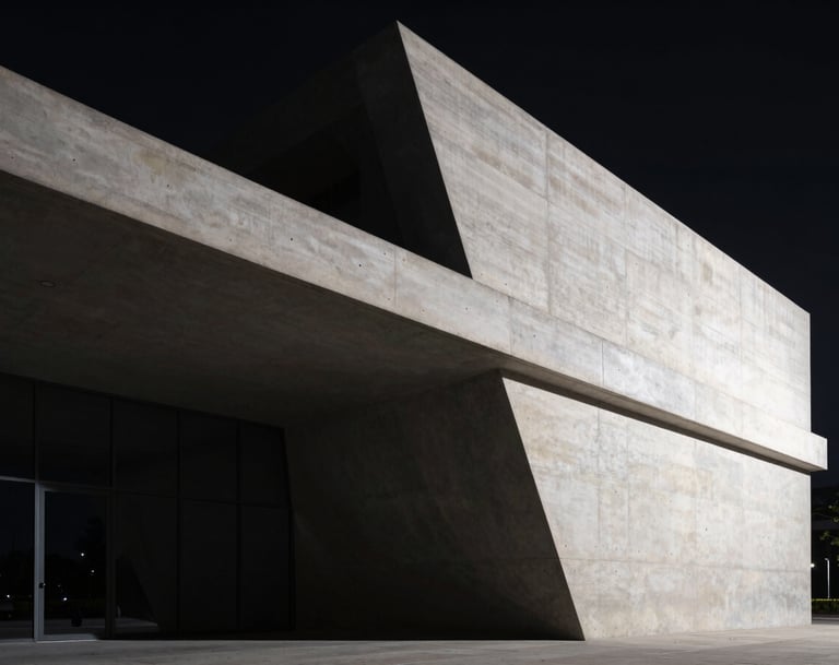 A high-contrast cinematic shot of a modern architectural structure at night. Shadows are deep black, with sharp off-white highlights defining the edges of the concrete. Dramatic and sophisticated atmosphere.