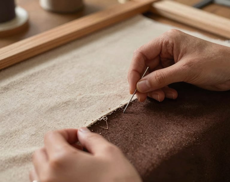 A lifestyle shot of the quilter's hands working on a frame. The hands are holding a silver needle, passing through layers of soft sand and deep espresso fabric. The scene is lit with warm, inviting indoor lighting, emphasizing the handcrafted nature of the work.