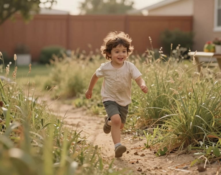 A playful, mid-shot of a young child running through tall grass in a North American / US backyard. The lighting is warm and hazy, capturing a sense of freedom and authentic joy. Soft sand and natural terracotta tones.
