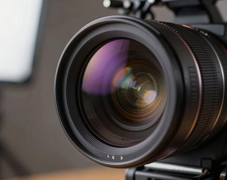 A close-up of a high-end cinema camera lens reflecting a dimly lit production set in a North American studio, with subtle deep purple light flares hitting the glass.