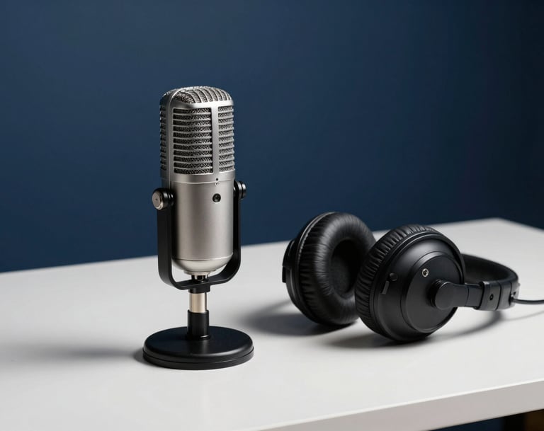 High-quality studio equipment, including a vintage microphone and professional headphones, resting on a clean desk in a Latin American / Spanish creative workspace. The aesthetic is modern and minimalist with deep slate blue shadows.