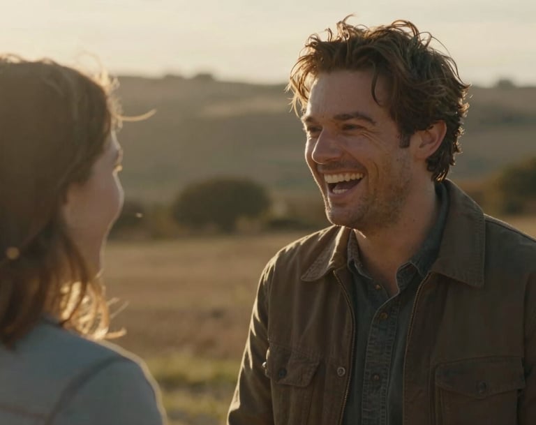 A candid photograph of Tom laughing heartily while looking at Sarah. The scene is sun-drenched with golden hour light, creating a natural lens flare. Cinematic style with warm brown tones in the environment.
