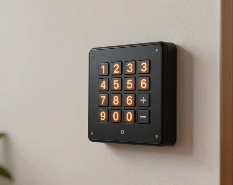 A high-tech digital alarm keypad with vibrant orange glowing numbers, mounted on a minimalist soft off-white wall in a South American / Brazilian interior, clean lighting.