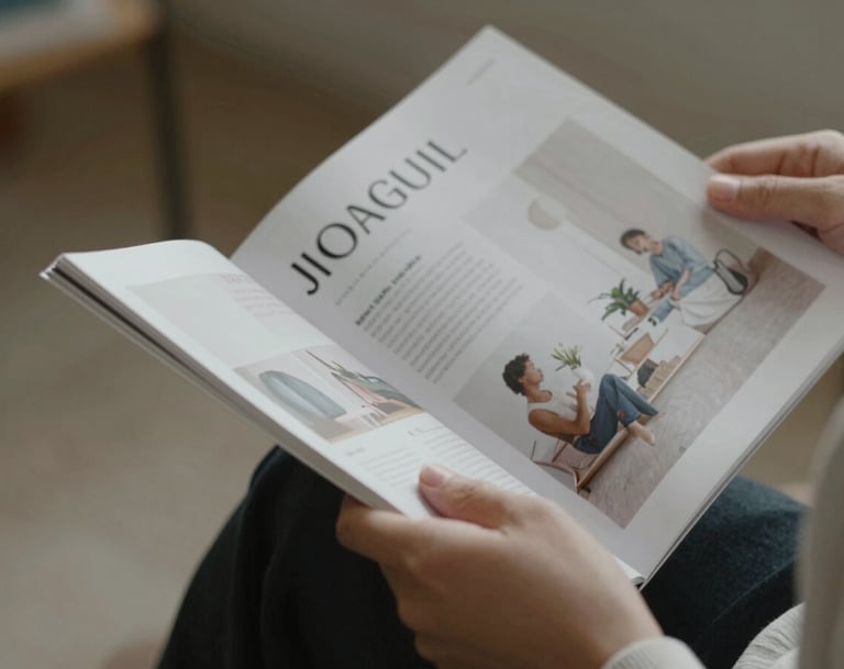 Close-up spontaneous shot of a person's hand holding a high-end lifestyle magazine, turning a page. Cinematic lighting, soft focus on the background. Colors include #9A9E96 and #F8F6F2. Elegant and professional style.