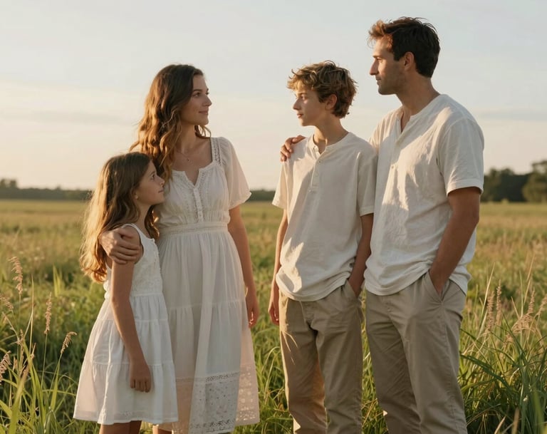 A heartfelt photo of a family of four in a North American / US grassy field during the golden hour. The lighting is warm and inviting. They are dressed in simple, elegant Off-white and Stone-colored clothing, looking at each other with genuine affection.