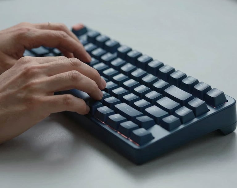Close-up photography of a professional's hands typing on a high-quality mechanical keyboard. The lighting is focused and clean, with a mist gray surface and deep charcoal blue shadows.