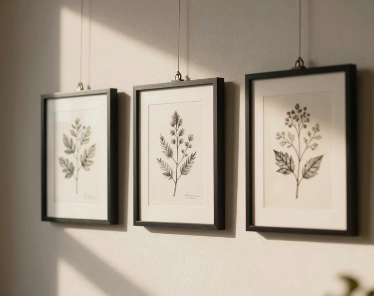 A close-up photograph of three small, elegantly framed botanical sketches hanging on a light cream wall, illuminated by soft, side-lit afternoon sun.