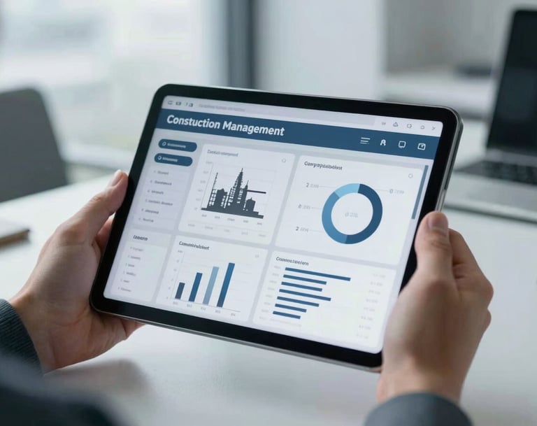 Close-up of a digital tablet showing a construction management dashboard with charts and data, held by an engineer in a clean, modern office, cool overcast daylight, desaturated petroleum blue and slate gray tones, sharp focus, 35mm lens.