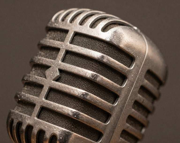 A macro photograph focusing on the textured surface of a vintage microphone. The metallic details glint with muted brown and taupe reflections from the surrounding studio. Sharp focus, sophisticated mood.