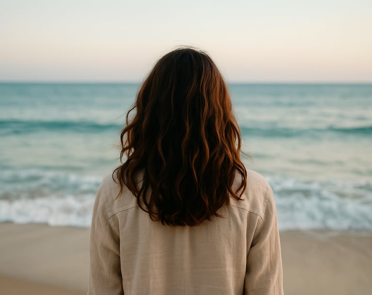 a woman standing on a beach with her back to the camera