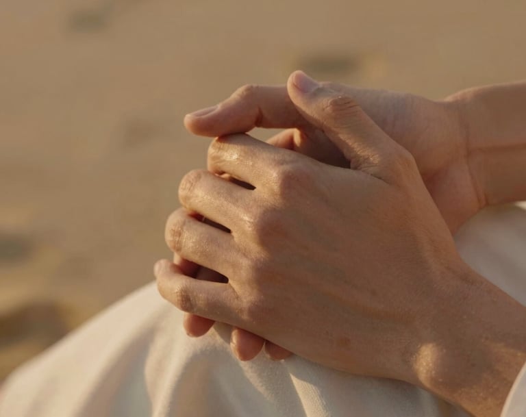 Extreme close-up of a couple's hands gently intertwined. The lighting is warm and cinematic, reflecting a golden oak glow. Soft focus on a background featuring warm sand tones and soft off-white fabrics.
