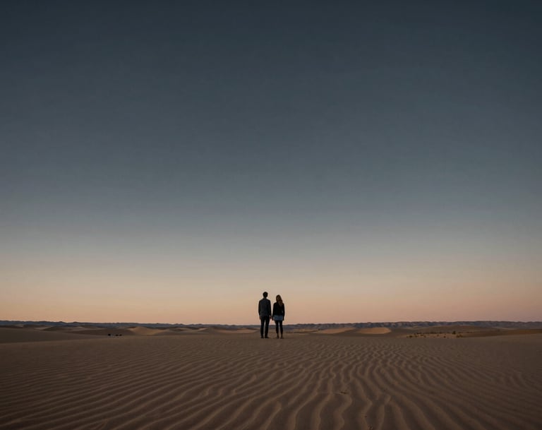 A wide-angle landscape shot of a North American desert at dusk, with a lone couple standing under a charcoal sky, deep horizon line, cinematic and sophisticated.