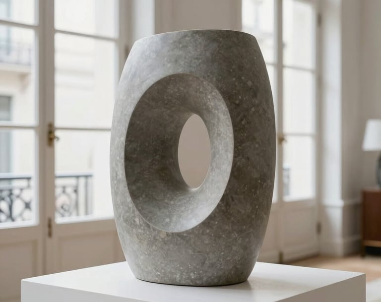 A modern minimalist sculpture made of smooth dim gray stone, featuring geometric yet organic curves. It is placed on a simple white pedestal in a bright French apartment with large windows and natural light, highlighting the refined textures.