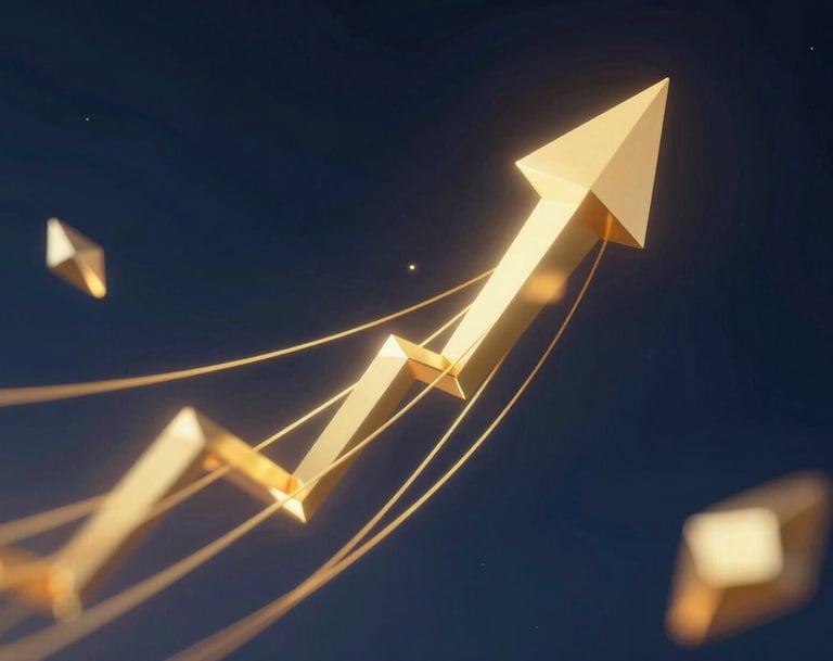 An abstract 3D visualization representing Venture capital and growth. It features golden geometric shards and yellow light trails cutting through a dark blue space, symbolizing innovation, strategic insight, and analytical depth. Modern, clean, and professional aesthetic.