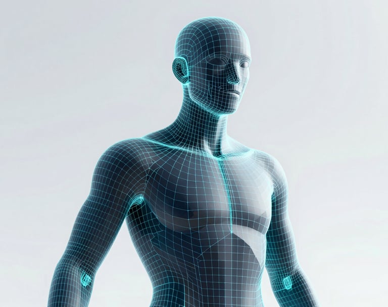 A detailed 3D wireframe of a complex geometric character, showing the precision of the underlying mesh. Modern, clean aesthetic with glow lines in #8FE3F5.